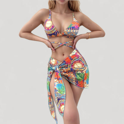 Anna-Kaci Women's Printed Bikini with Wrap Tie Straps and Matching Side Tie Mini Skirt Cover-Up