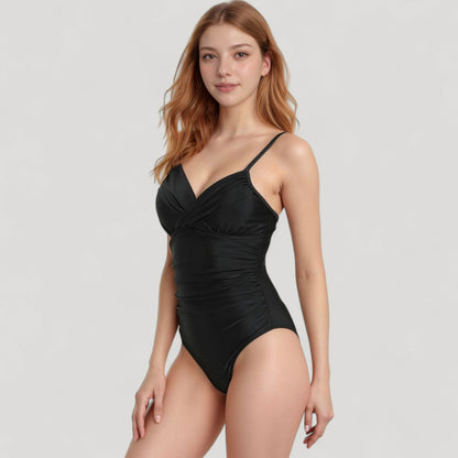 Anna-Kaci Women's One Piece Swimsuit with Ruched Waist and V-Neck Wrap Front Adjustable Spaghetti Straps