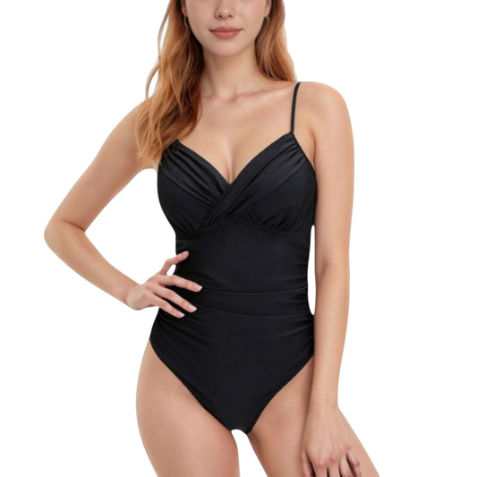 Anna-Kaci Women's One Piece Swimsuit with Ruched Waist and V-Neck Wrap Front Adjustable Spaghetti Straps