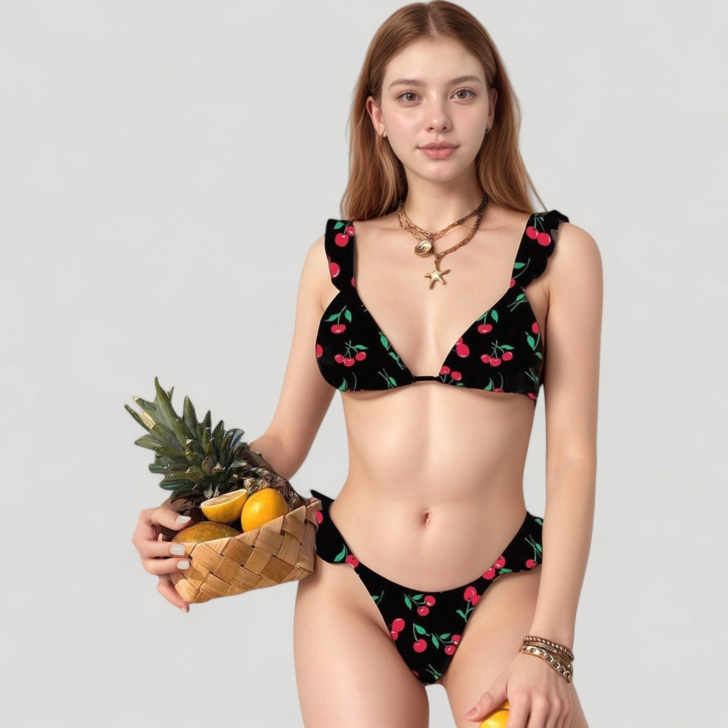 Anna-Kaci Women's Cherry Print Bikini Set with Triangle Top and Ruffle Strap Detail High Cut Bottom