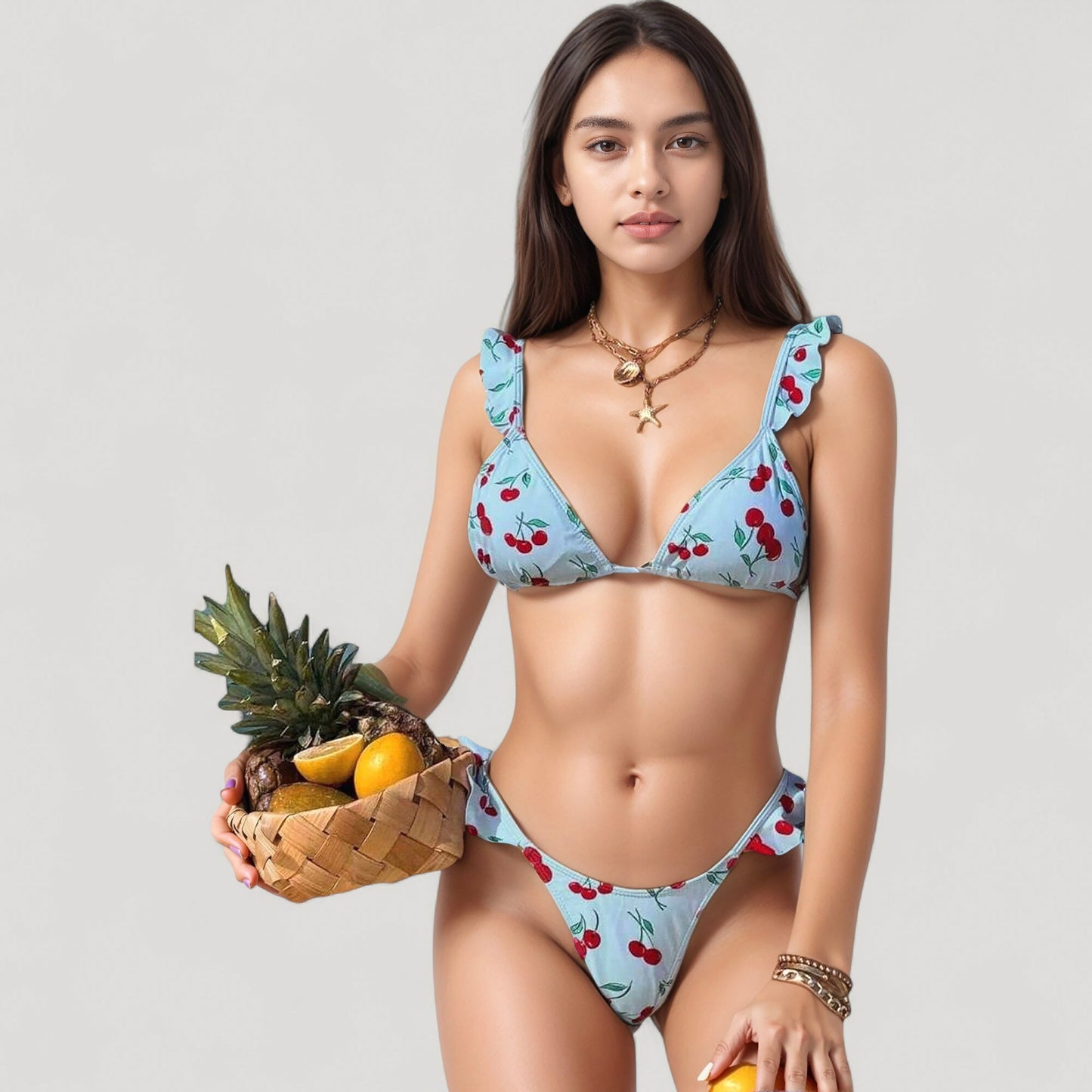 Anna-Kaci Women's Cherry Print Bikini Set with Triangle Top and Ruffle Strap Detail High Cut Bottom
