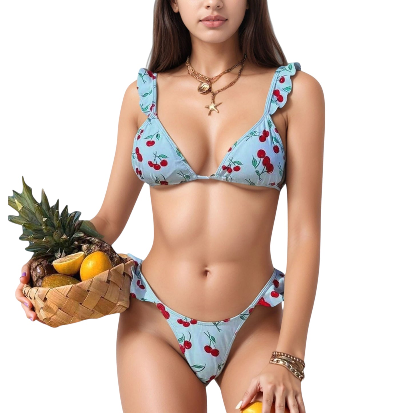 Anna-Kaci Women's Cherry Print Bikini Set with Triangle Top and Ruffle Strap Detail High Cut Bottom