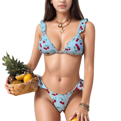 Anna-Kaci Women's Cherry Print Bikini Set with Triangle Top and Ruffle Strap Detail High Cut Bottom