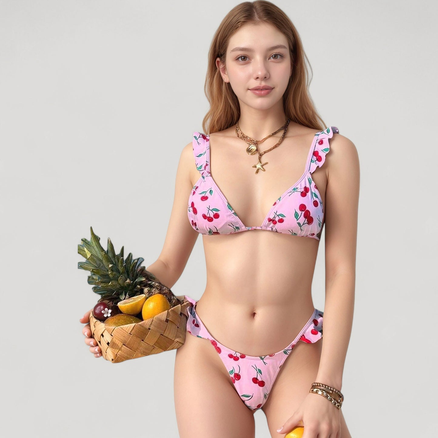 Anna-Kaci Women's Cherry Print Bikini Set with Triangle Top and Ruffle Strap Detail High Cut Bottom