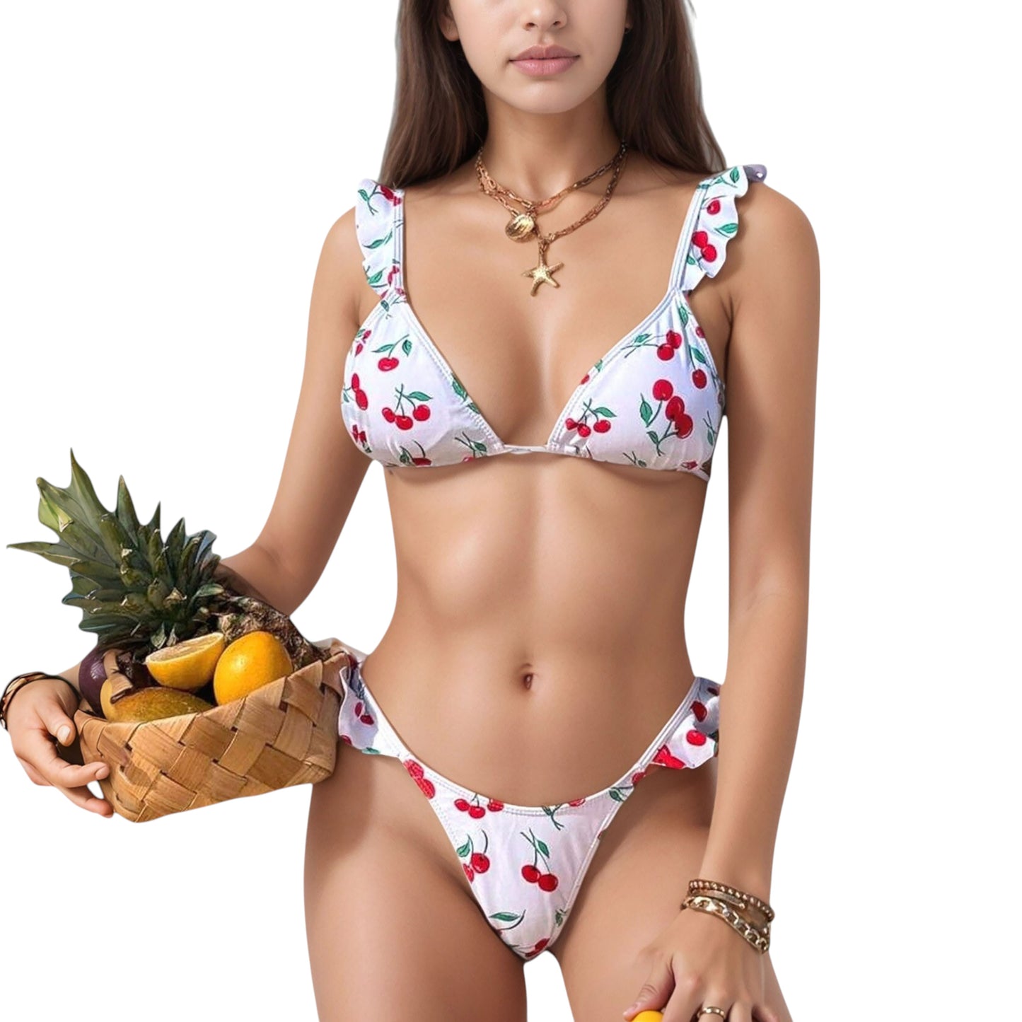 Anna-Kaci Women's Cherry Print Bikini Set with Triangle Top and Ruffle Strap Detail High Cut Bottom