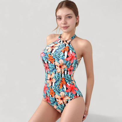 Anna-Kaci Women's Tropical Floral One Piece Swimsuit with High Neck and Cutout Shoulder Detail