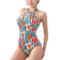 Anna-Kaci Women's Tropical Floral One Piece Swimsuit with High Neck and Cutout Shoulder Detail