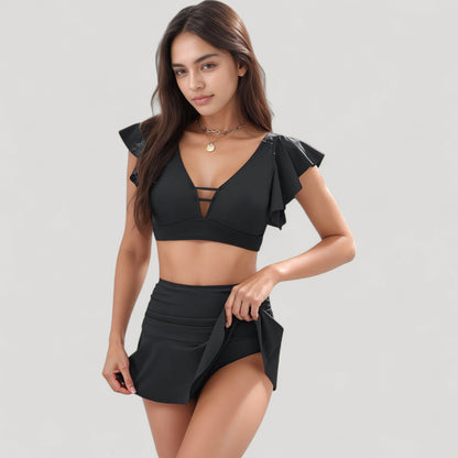 Anna-Kaci Women's Ruffle Sleeve Two Piece Swimsuit with Deep V Neck Top and High Waist Skirted Bottom