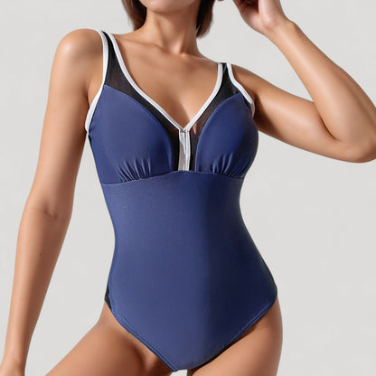 Anna-Kaci Women's One Piece Swimsuit with Sheer Mesh V-Neck Trim and Contrast Binding
