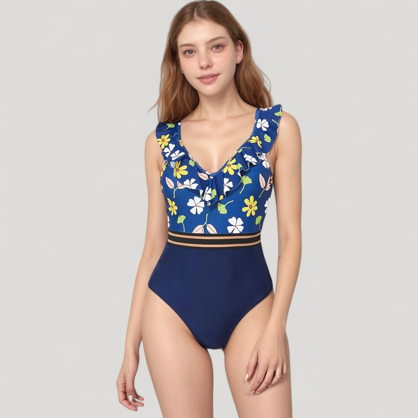 Anna-Kaci Swim Women's Ruffle One-Piece Swimsuit with Floral Print Bodice and Striped Waistband Detail