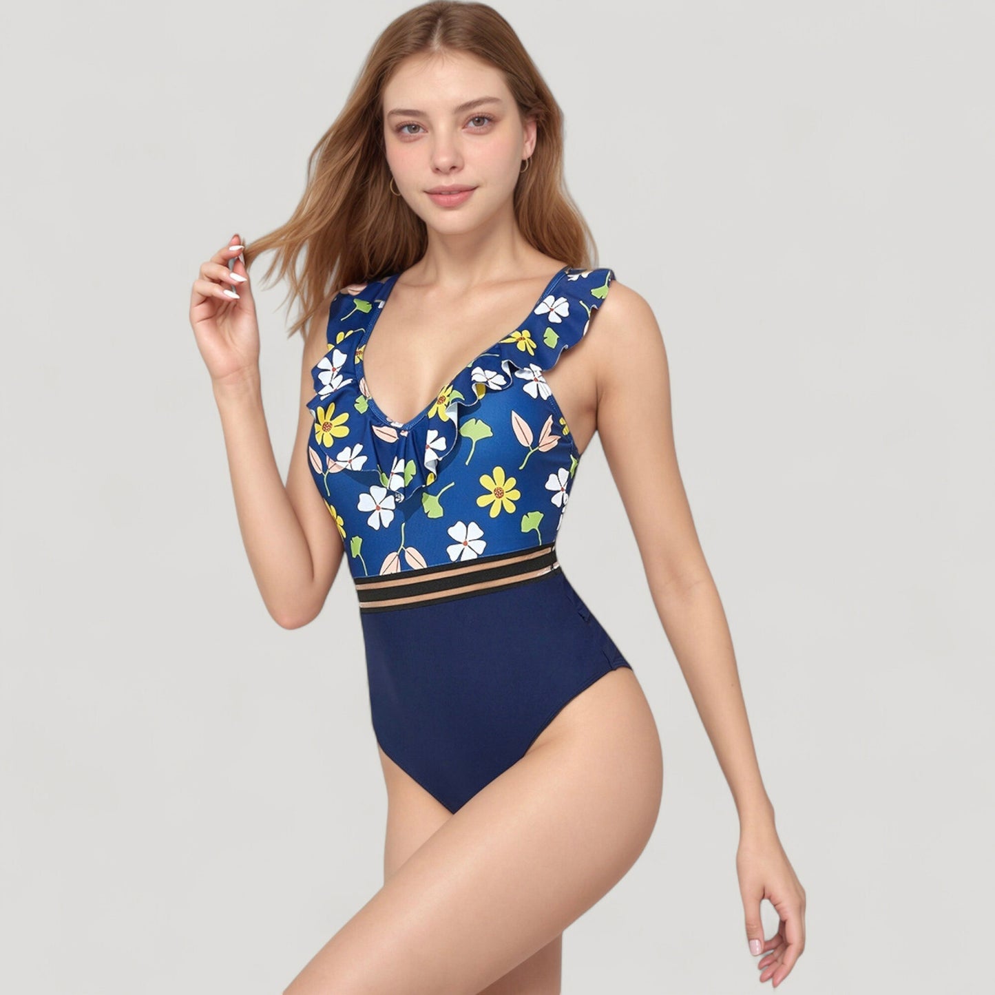 Anna-Kaci Swim Women's Ruffle One-Piece Swimsuit with Floral Print Bodice and Striped Waistband Detail
