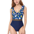 Anna-Kaci Swim Women's Ruffle One-Piece Swimsuit with Floral Print Bodice and Striped Waistband Detail