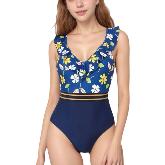 Anna-Kaci Swim Women's Ruffle One-Piece Swimsuit with Floral Print Bodice and Striped Waistband Detail