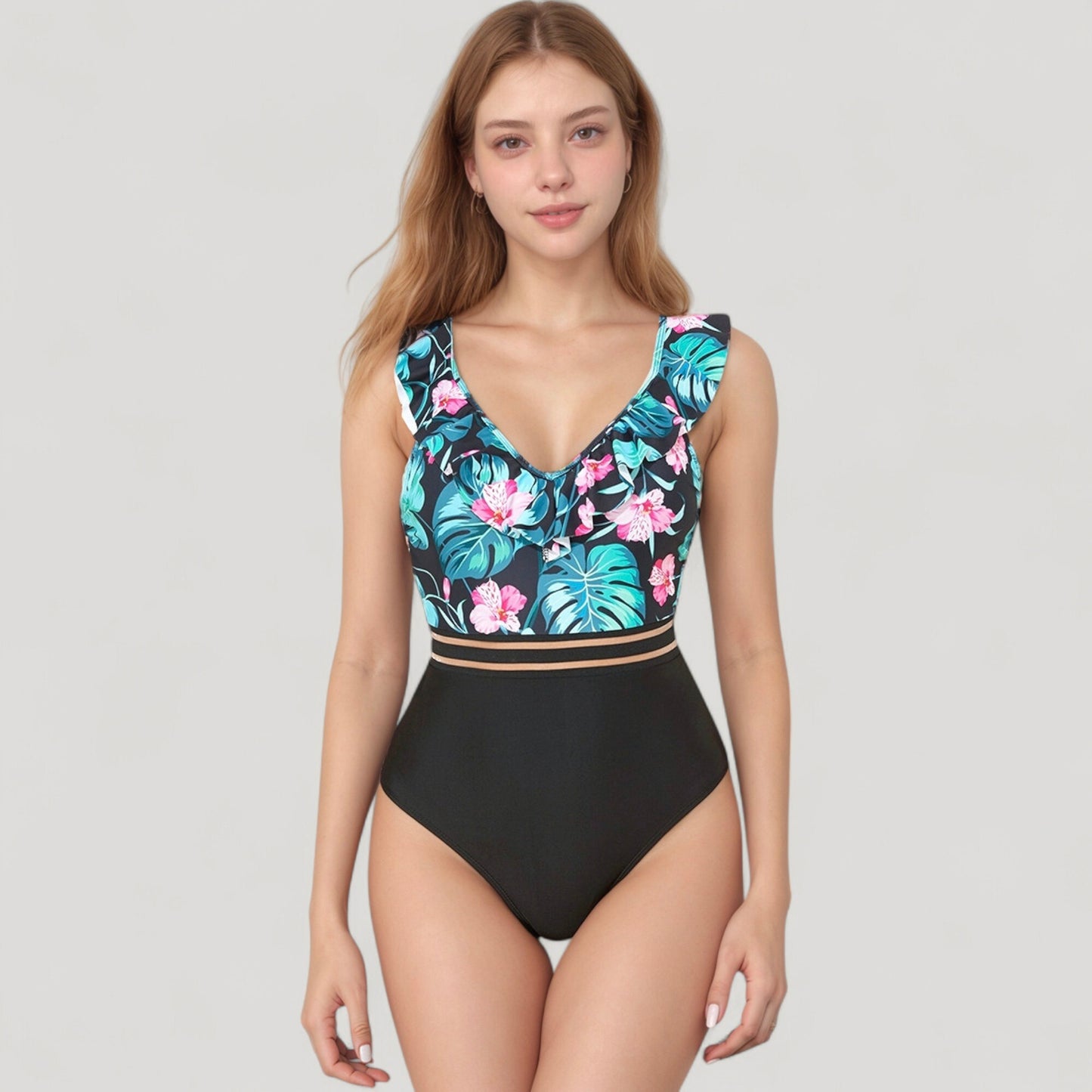 Anna-Kaci Swim Women's Ruffle One-Piece Swimsuit with Floral Print Bodice and Striped Waistband Detail