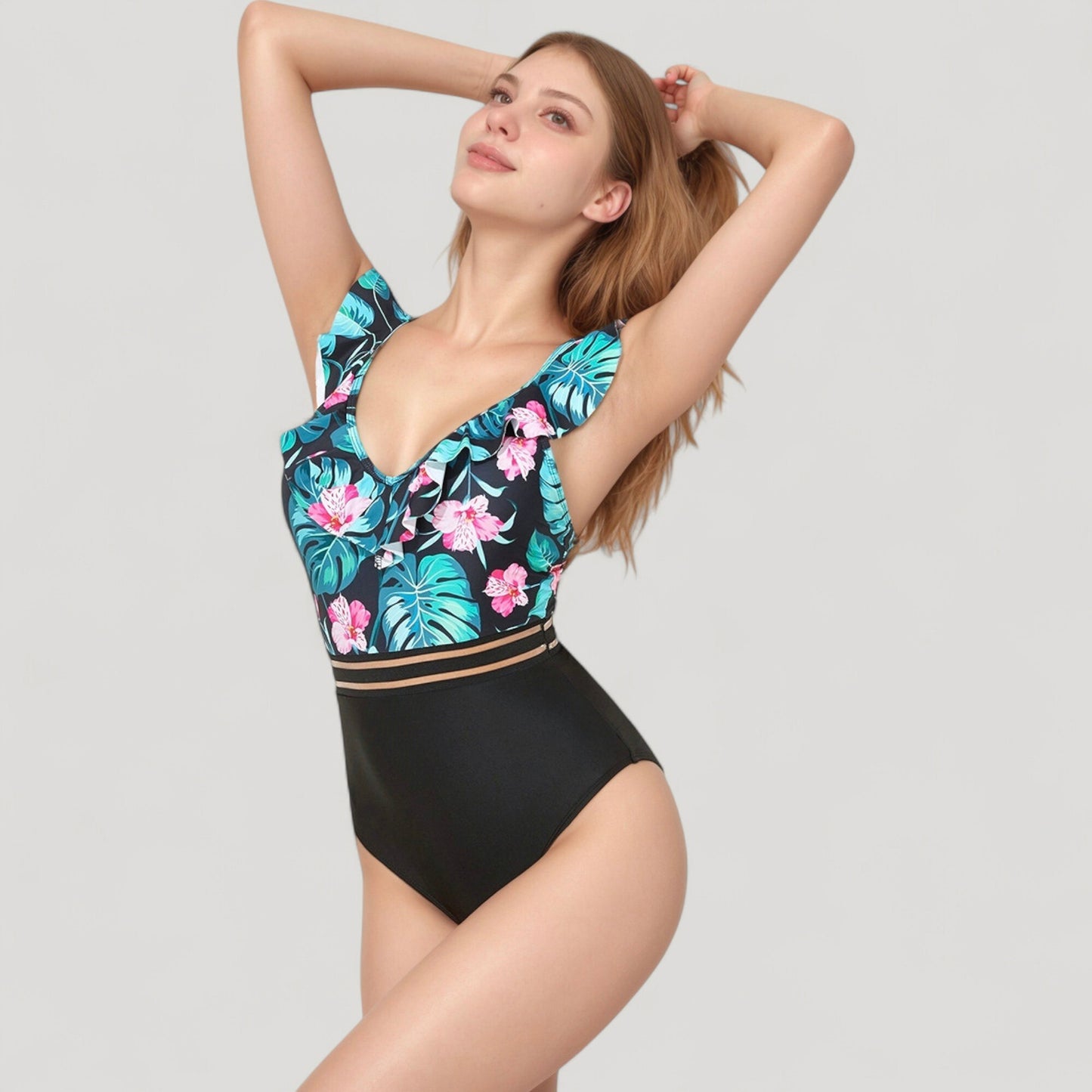 Anna-Kaci Swim Women's Ruffle One-Piece Swimsuit with Floral Print Bodice and Striped Waistband Detail