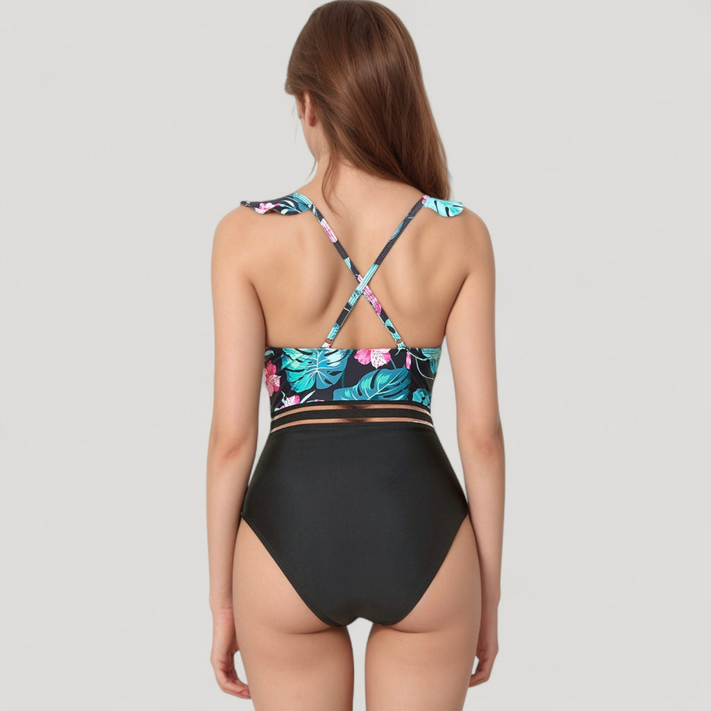 Anna-Kaci Swim Women's Ruffle One-Piece Swimsuit with Floral Print Bodice and Striped Waistband Detail