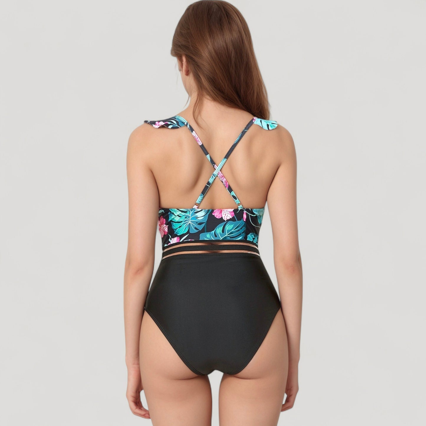 Anna-Kaci Swim Women's Ruffle One-Piece Swimsuit with Floral Print Bodice and Striped Waistband Detail
