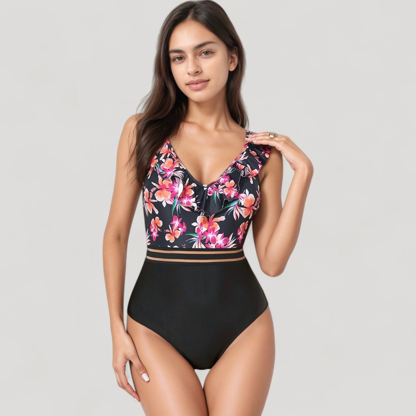 Anna-Kaci Swim Women's Ruffle One-Piece Swimsuit with Floral Print Bodice and Striped Waistband Detail