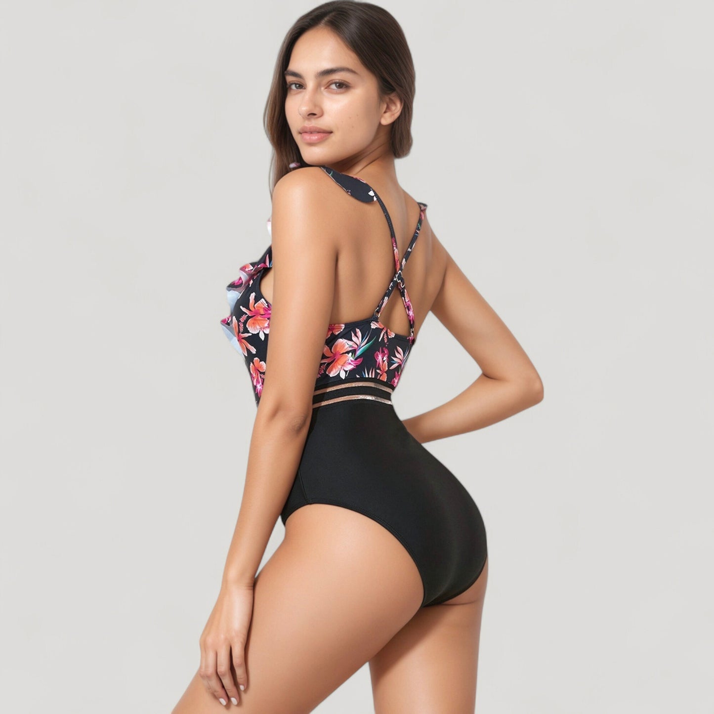 Anna-Kaci Swim Women's Ruffle One-Piece Swimsuit with Floral Print Bodice and Striped Waistband Detail