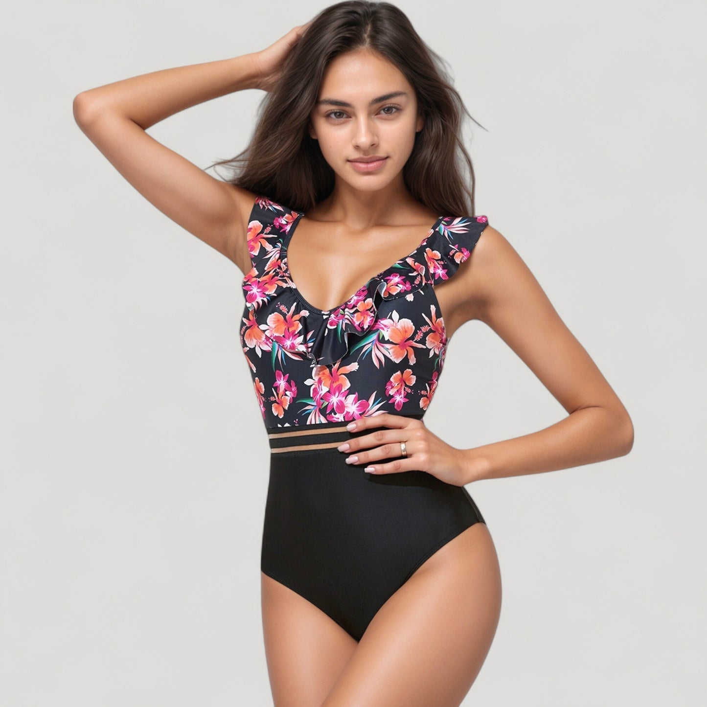 Anna-Kaci Swim Women's Ruffle One-Piece Swimsuit with Floral Print Bodice and Striped Waistband Detail