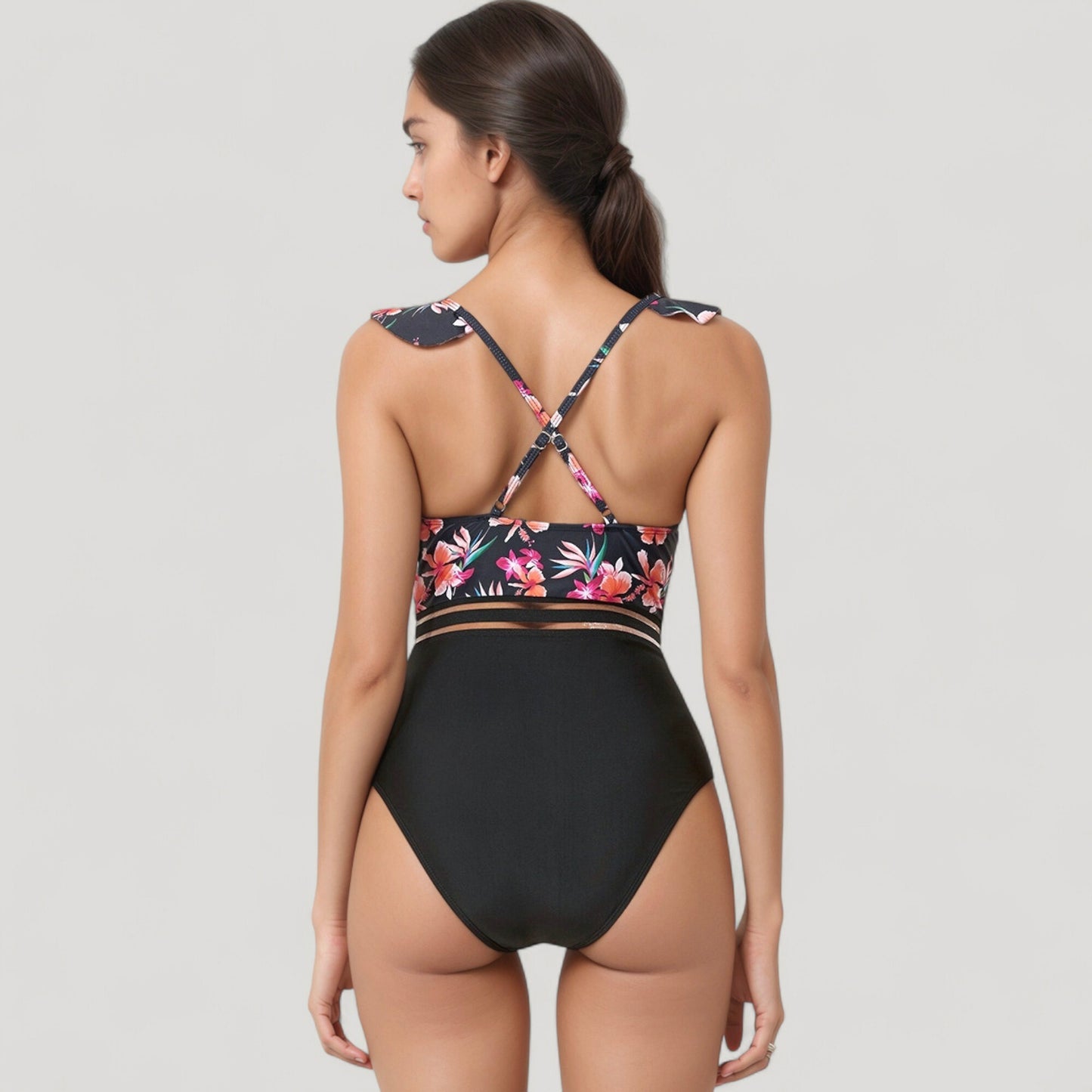 Anna-Kaci Swim Women's Ruffle One-Piece Swimsuit with Floral Print Bodice and Striped Waistband Detail
