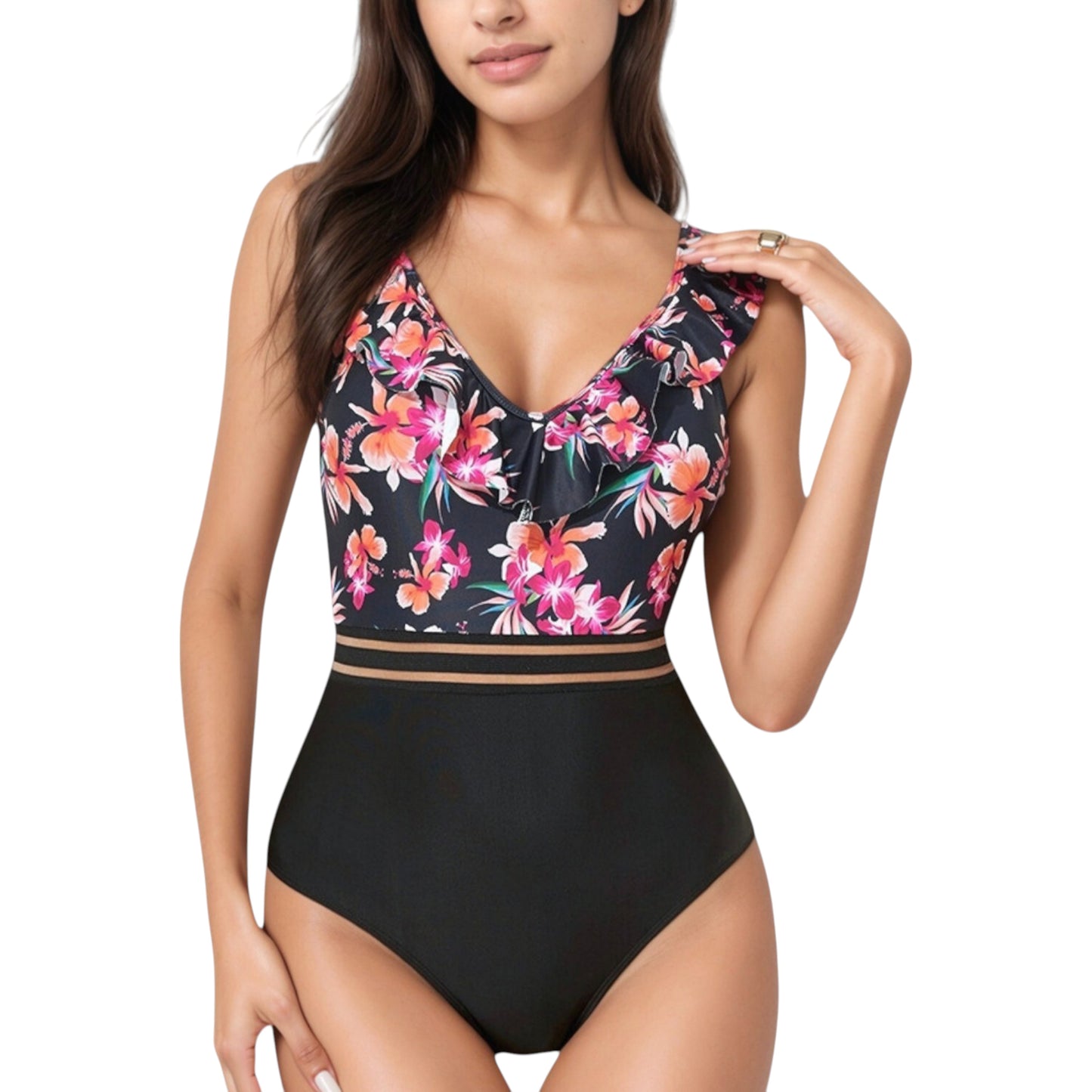 Anna-Kaci Swim Women's Ruffle One-Piece Swimsuit with Floral Print Bodice and Striped Waistband Detail