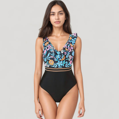 Anna-Kaci Swim Women's Ruffle One-Piece Swimsuit with Floral Print Bodice and Striped Waistband Detail