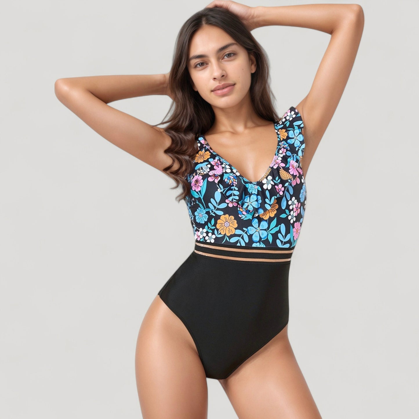 Anna-Kaci Swim Women's Ruffle One-Piece Swimsuit with Floral Print Bodice and Striped Waistband Detail
