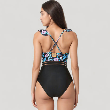 Anna-Kaci Swim Women's Ruffle One-Piece Swimsuit with Floral Print Bodice and Striped Waistband Detail