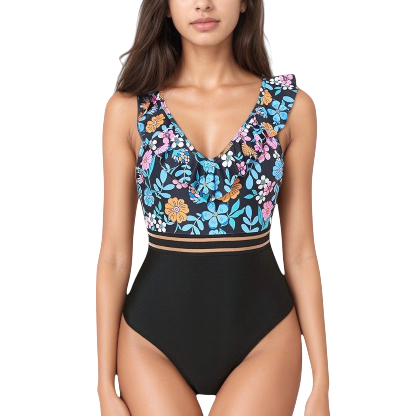 Anna-Kaci Swim Women's Ruffle One-Piece Swimsuit with Floral Print Bodice and Striped Waistband Detail