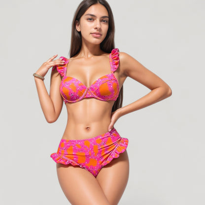 Anna-Kaci Swim Women's Ruffled Strap Bikini 3 Pcs Set with High Waist Bottom and Bold Abstract Print