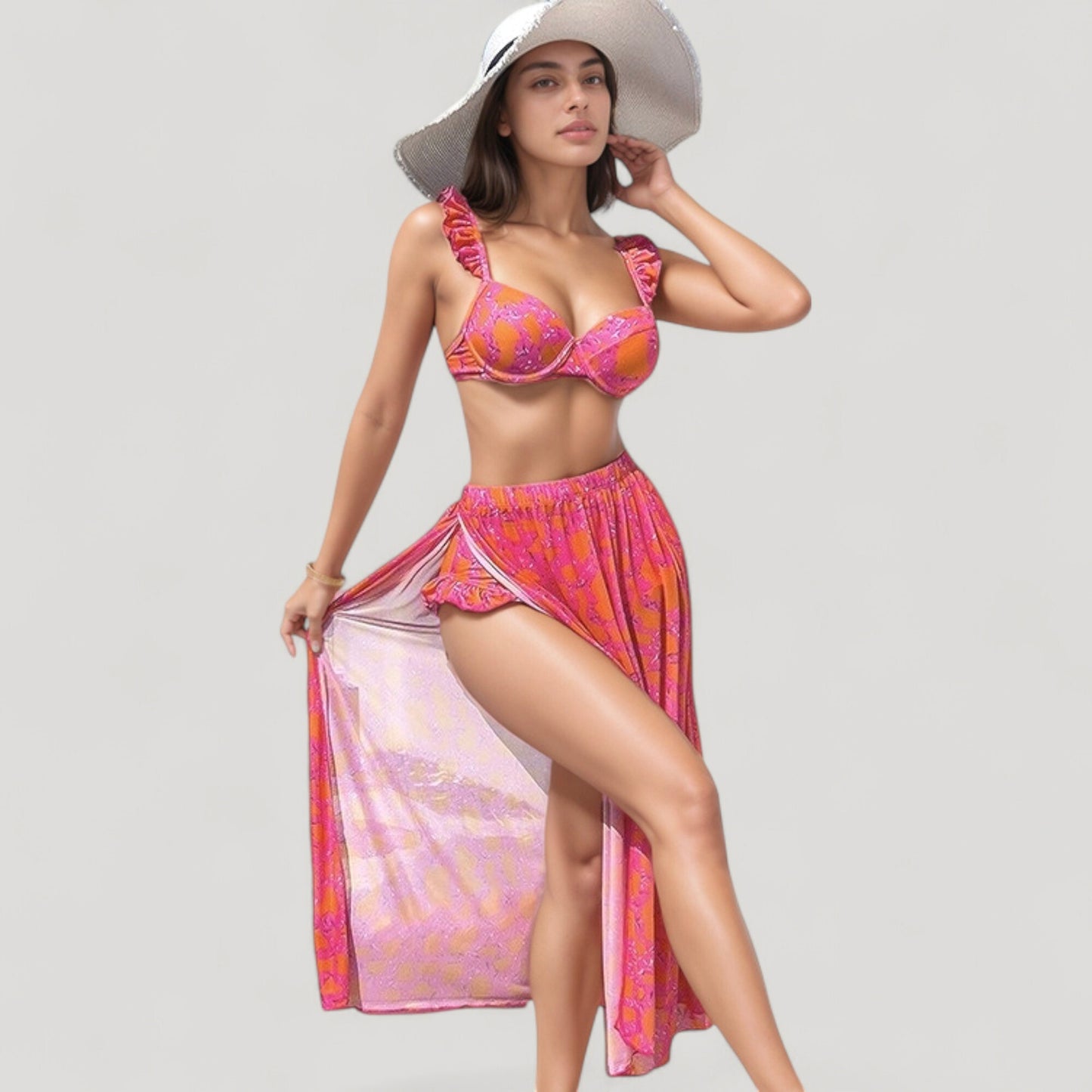 Anna-Kaci Swim Women's Ruffled Strap Bikini 3 Pcs Set with High Waist Bottom and Bold Abstract Print