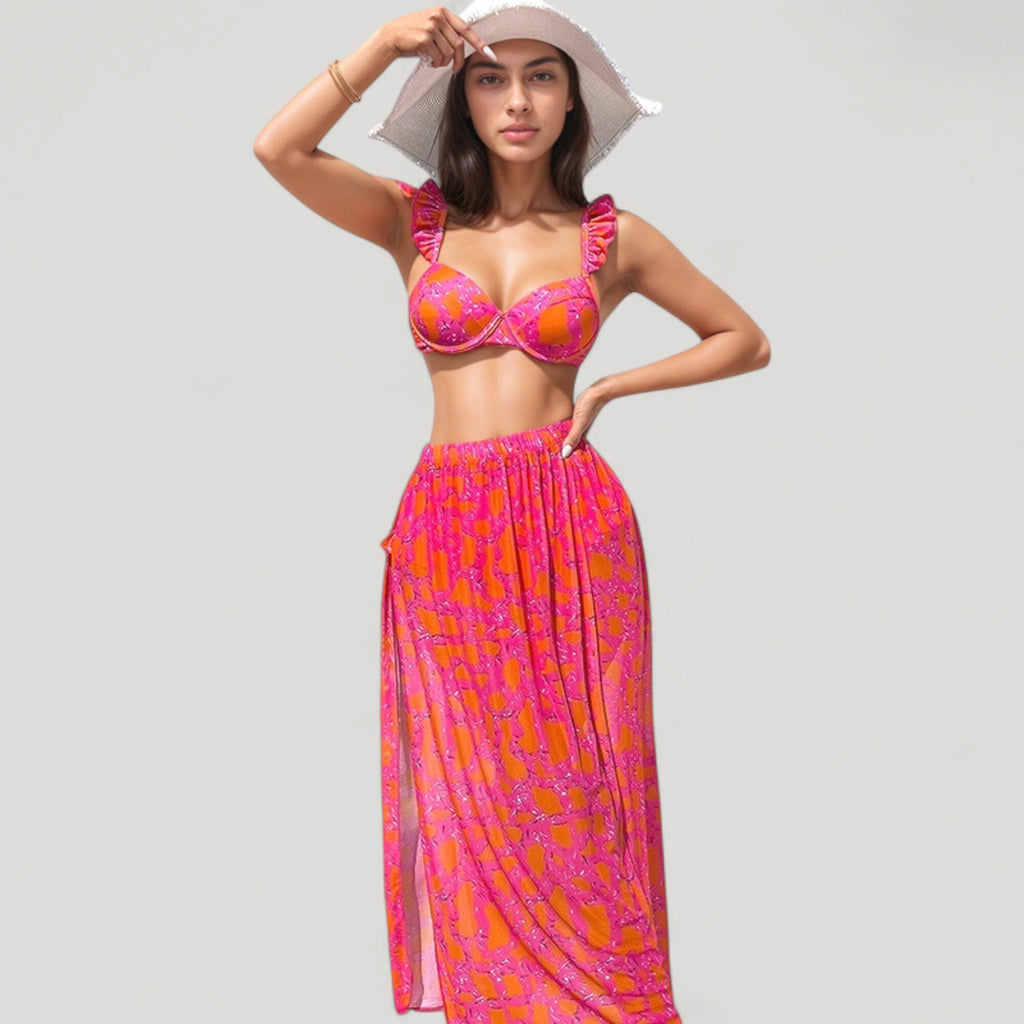 Anna-Kaci Swim Women's Ruffled Strap Bikini 3 Pcs Set with High Waist Bottom and Bold Abstract Print
