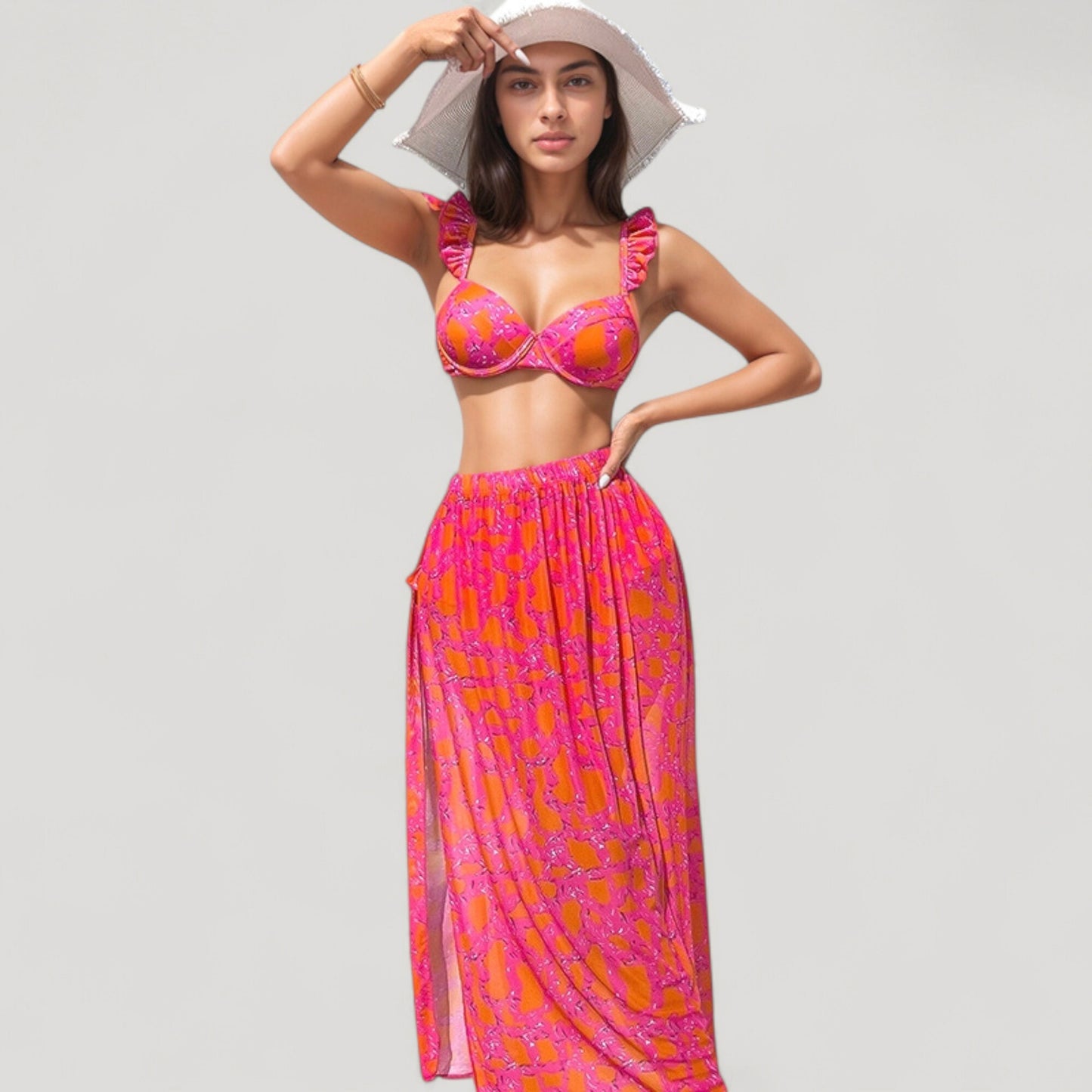Anna-Kaci Swim Women's Ruffled Strap Bikini 3 Pcs Set with High Waist Bottom and Bold Abstract Print