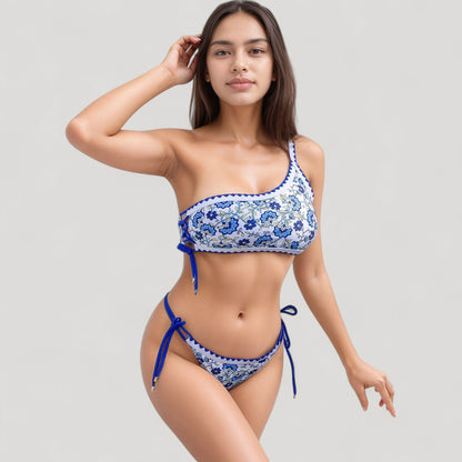 Anna-Kaci Swim Women's One Shoulder Floral Print Bikini Set with Side Tie Bottoms and Scalloped Trim