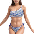 Anna-Kaci Swim Women's One Shoulder Floral Print Bikini Set with Side Tie Bottoms and Scalloped Trim