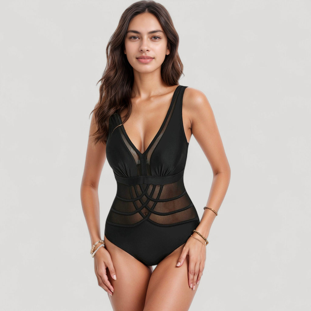 Anna-Kaci Swim Women's Mesh Panel One Piece Swimsuit with Deep V Neck and Geometric Striped Waist Design
