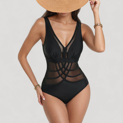 Anna-Kaci Swim Women's Mesh Panel One Piece Swimsuit with Deep V Neck and Geometric Striped Waist Design