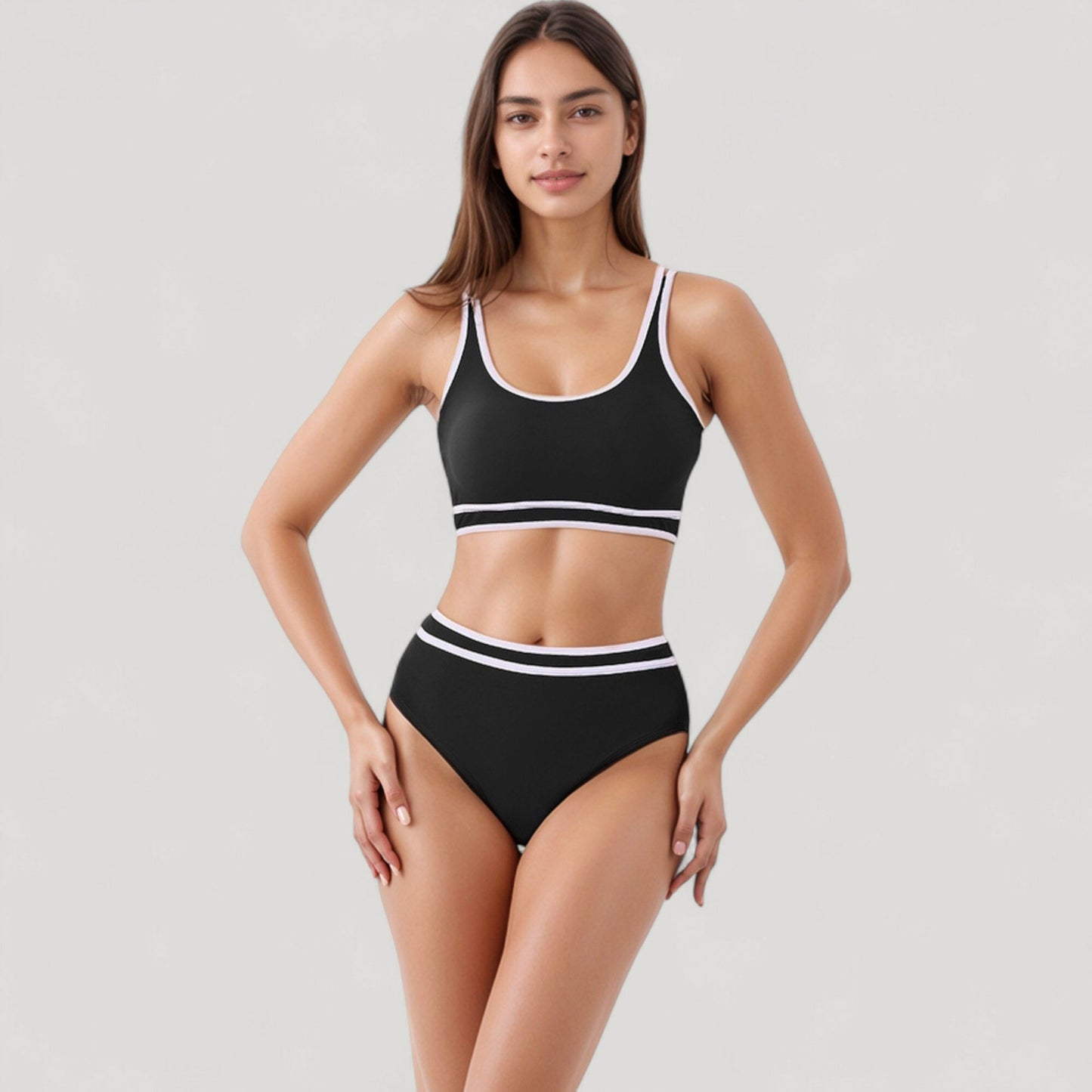 Anna-Kaci Swim Women's Sporty High Waist Bikini Set with Contrast Trim and Scoop Neck Crop Top