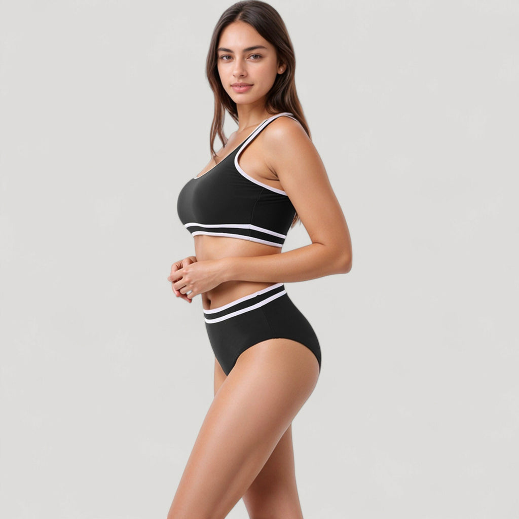 Anna-Kaci Swim Women's Sporty High Waist Bikini Set with Contrast Trim and Scoop Neck Crop Top