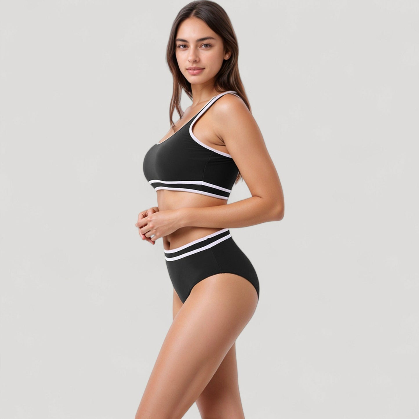 Anna-Kaci Swim Women's Sporty High Waist Bikini Set with Contrast Trim and Scoop Neck Crop Top
