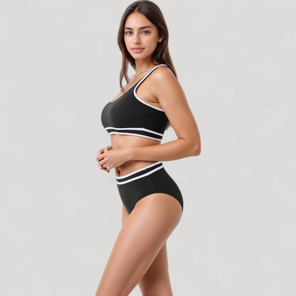 Anna-Kaci Swim Women's Sporty High Waist Bikini Set with Contrast Trim and Scoop Neck Crop Top