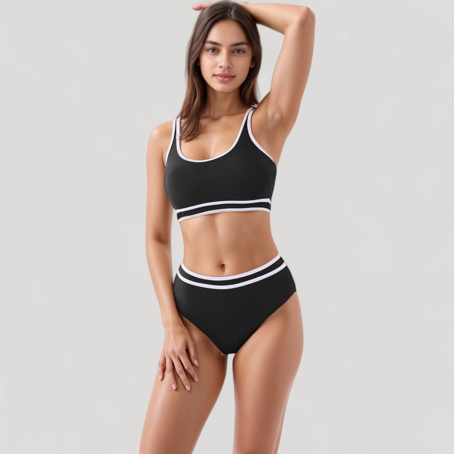 Anna-Kaci Swim Women's Sporty High Waist Bikini Set with Contrast Trim and Scoop Neck Crop Top