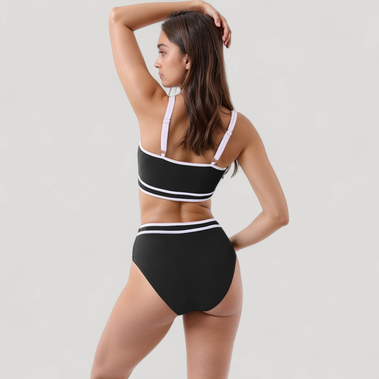 Anna-Kaci Swim Women's Sporty High Waist Bikini Set with Contrast Trim and Scoop Neck Crop Top