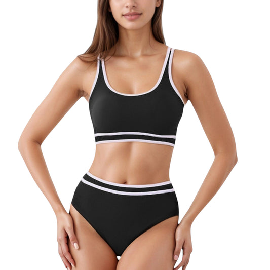 Anna-Kaci Swim Women's Sporty High Waist Bikini Set with Contrast Trim and Scoop Neck Crop Top