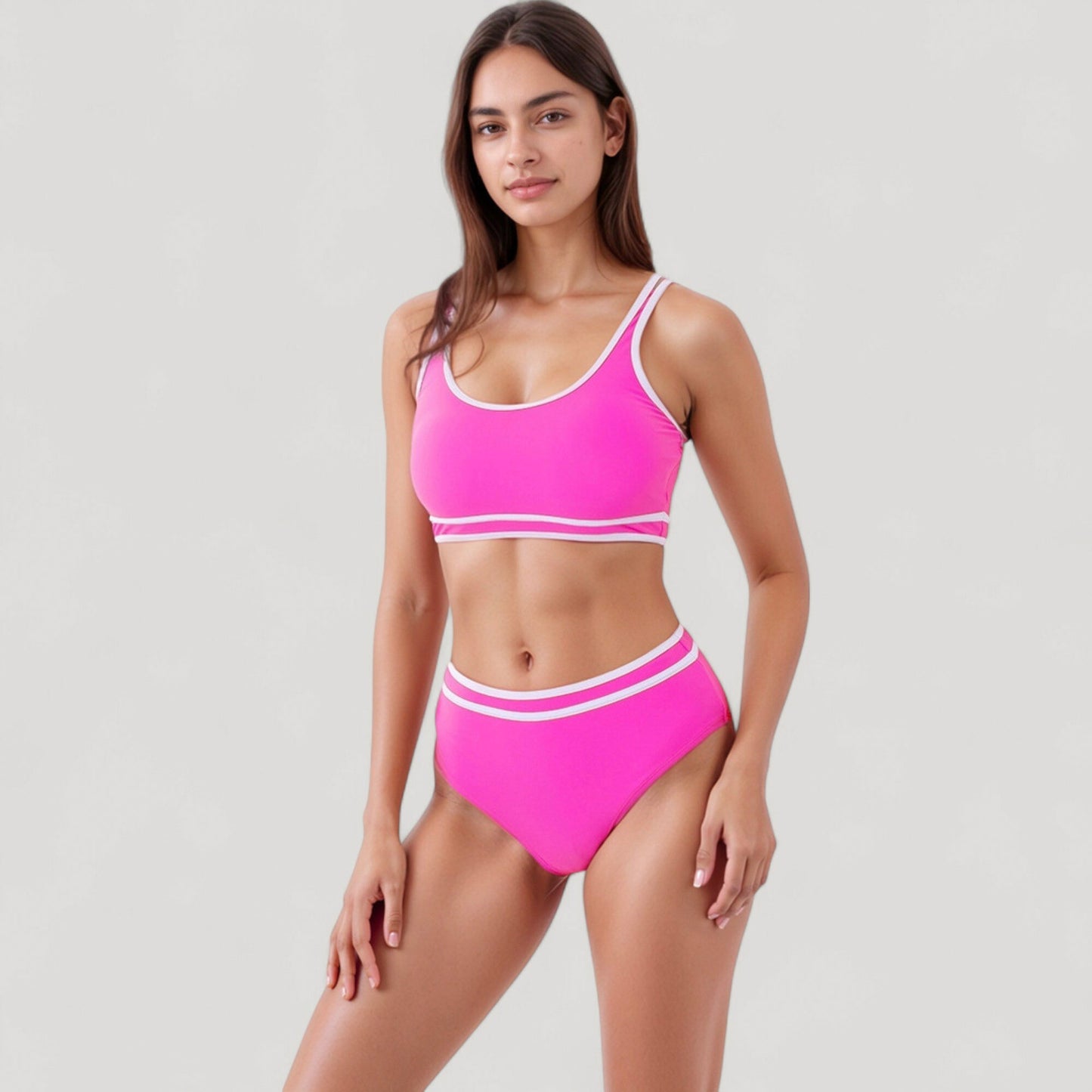 Anna-Kaci Swim Women's Sporty High Waist Bikini Set with Contrast Trim and Scoop Neck Crop Top