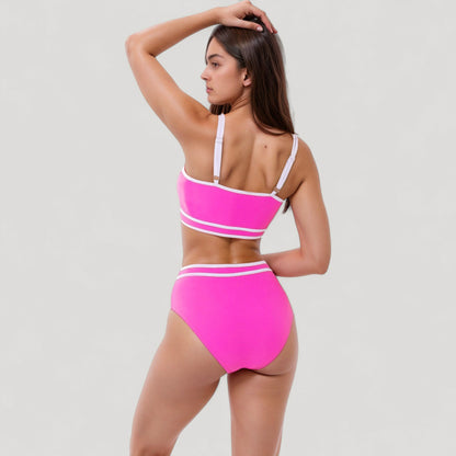 Anna-Kaci Swim Women's Sporty High Waist Bikini Set with Contrast Trim and Scoop Neck Crop Top