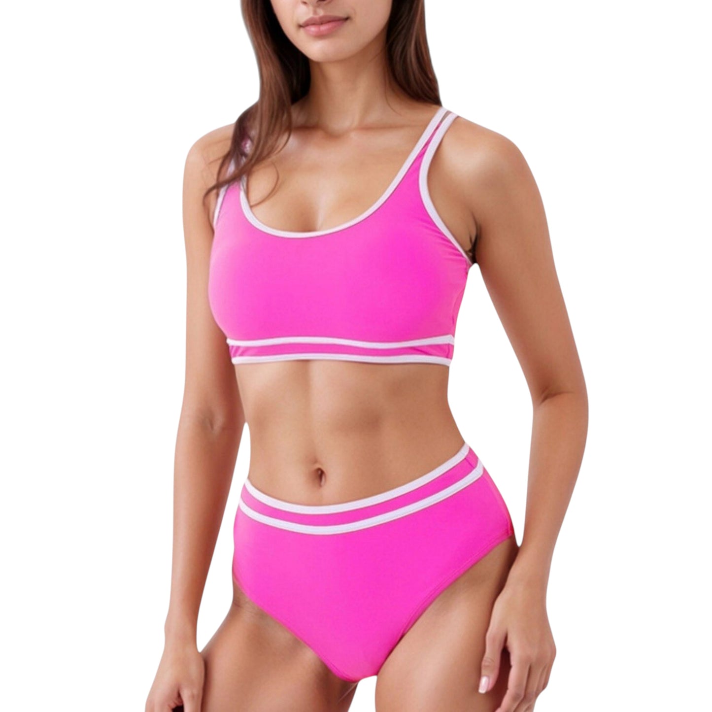 Anna-Kaci Swim Women's Sporty High Waist Bikini Set with Contrast Trim and Scoop Neck Crop Top