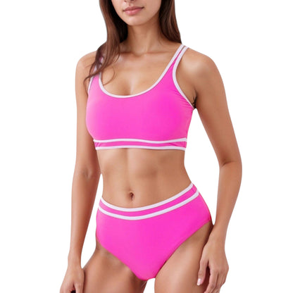 Anna-Kaci Swim Women's Sporty High Waist Bikini Set with Contrast Trim and Scoop Neck Crop Top