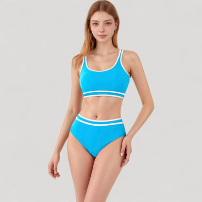 Anna-Kaci Swim Women's Sporty High Waist Bikini Set with Contrast Trim and Scoop Neck Crop Top